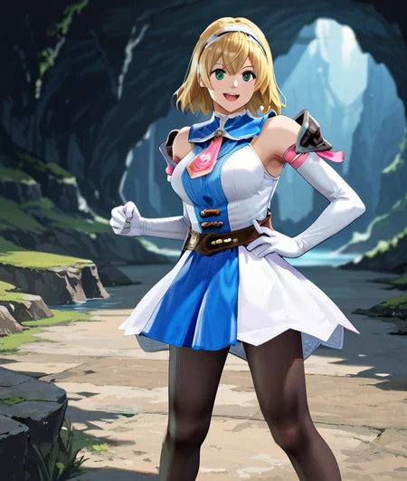 score_9, score_8_up, score_7_up, score_6_up, score_5_up, score_4_up, (source_anime:1.3),(masterpiece:1.3), (high quality:1.3),(1girl: cassandra_sc2,blonde hair,short hair,green eyes,hairband,dress,white and blue dress,pink necktie,shoulder armor,white elbow gloves,brown corset,pantyhose,hands on own hip,smile,open mouth,), (cave:1.1), <lora:Cassandra_Alexandra_SC3SC2:1>