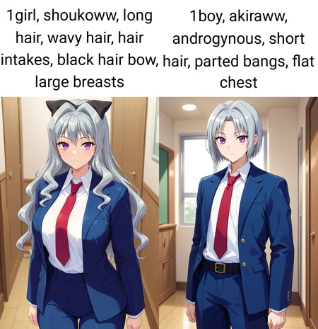 masterpiece, best quality, amazing quality, absurdres, general, cowboy shot, solo, purple eyes, grey hair, 1girl, shoukoww, long hair, wavy hair, hair intakes, black hair bow, large breasts, red necktie, open jacket, blazer, blue jacket, white collared shirt, long sleeves, blue pants, looking at viewer, expressionless, indoors, skindentation, detailed clothing folds, depth of field, sharp, high contrast, dynamic light <lora:Aihara_Shouko_Gakuen_Saimin_Reido_ill:0.8>