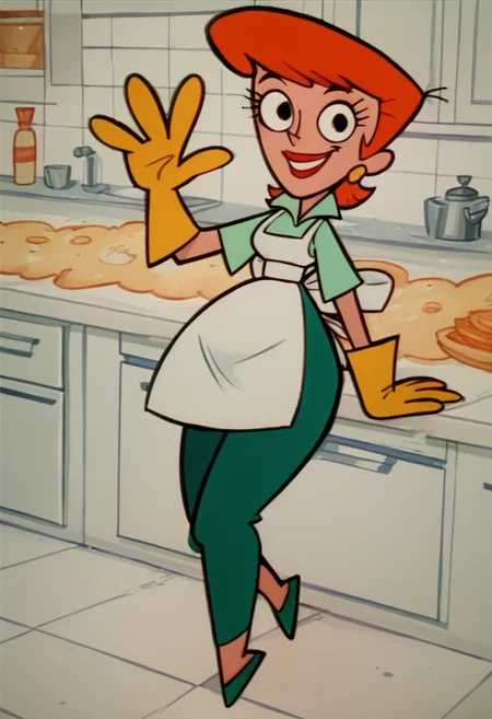 <lora:DextersMomPony1.0:1>dextersmom, solo, 1girl, aqua shirt, green pants, rubber gloves, orange hair, earrings, apron, short hair, smile, kitchen, lipstick,green footwear, score_9, score_8_up, score_7_up, score_6_up, score_5_up, score_4_up, looking at viewer,