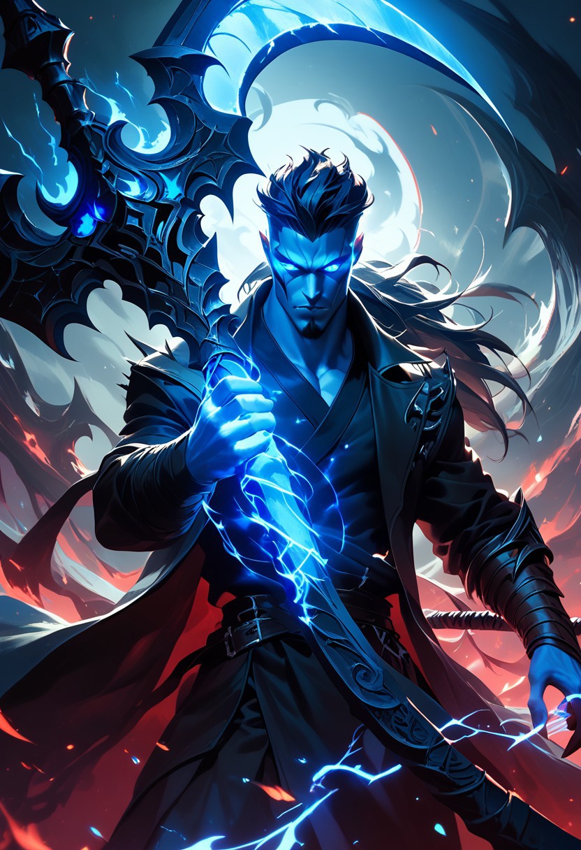 score_9,score_8_up,score_7_up, grim reaper holding a large scythe in hand with glowing symbols, hand gripping scythe, blue glowing symbols on scythe, glowing eyes, glowing runic symbols, runes on scythe,