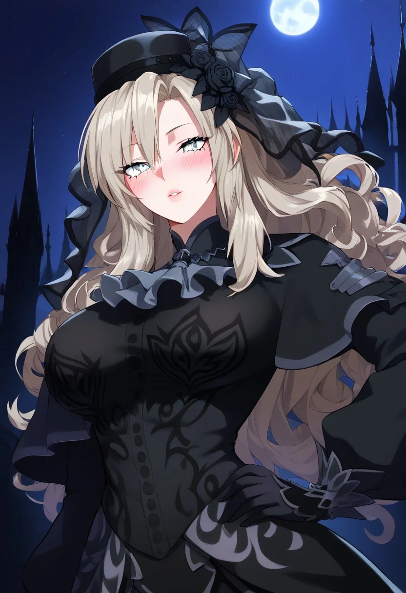 (score_9, score_8_up, score_7_up, high quality, best quality, ultra-detailed, very aesthetic, illustration, perfect composition, intricate details, absurdres, high res image, masterpiece, vibrant colors, beautiful face, detailed face, 1girl, solo focus, perfect eyes, detailed eyes, perfect hands), female, grey eyes, grey hair, long hair, curly hair, mole under eye, makeup, pale skin, full lips, large thighs, perfect body, fit body, voluptuous, large breasts, curvy body, narrow-waisted, wide hips, (ascot, black capelet, black dress, black flower, black gloves, black headwear, black rose, capelet, dress, flower, gloves, hat, long sleeves, rose, veil), (blush, bedroom eyes, hand on hips), (fantasy, outdoors, castle, night, night sky, moon)