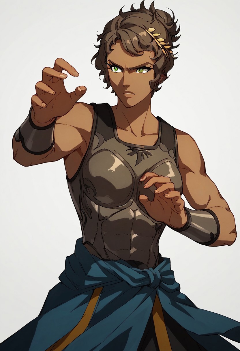 score_9,score_8_up,score_7_up,score_6_up,source anime BREAK, 1girl, Athena, dark-skinned female, short hair, brown hair, green eyes, chestplate, solo, dynamic pose, white background