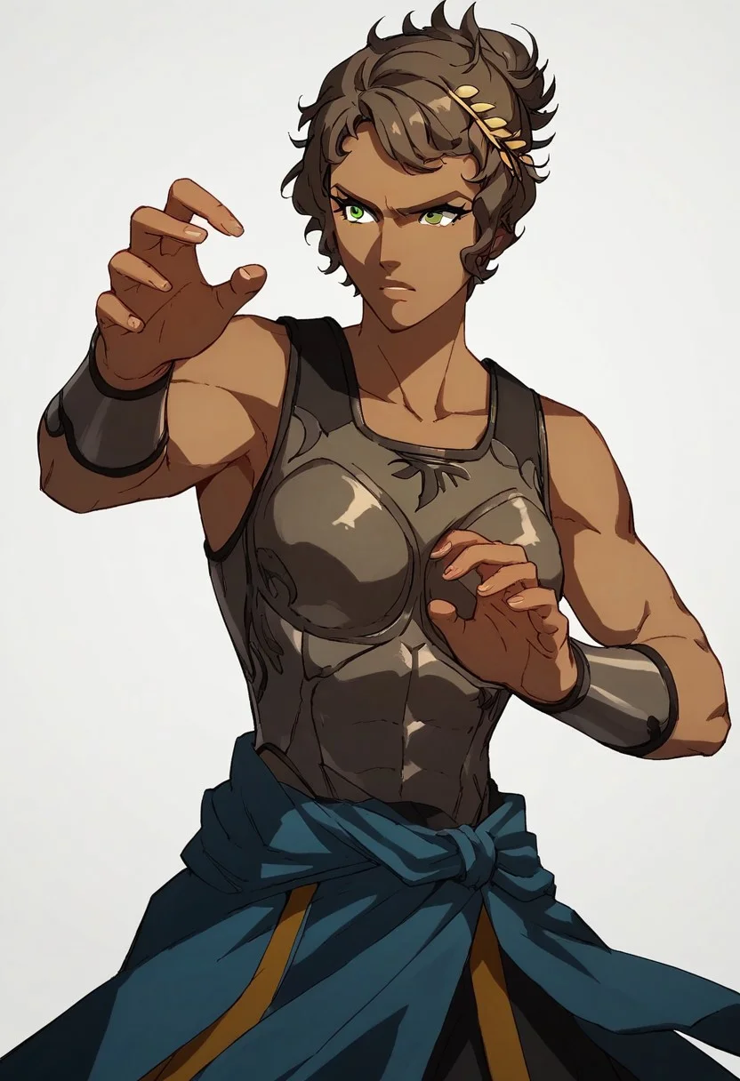 score_9,score_8_up,score_7_up,score_6_up,source anime BREAK, 1girl, Athena, dark-skinned female, short hair, brown hair, green eyes, chestplate, solo, dynamic pose, white background
