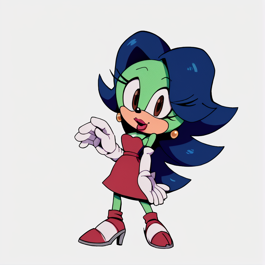 score_9, score_8_up, score_7_up, score_6_up, score_5_up, score_4_up, BREAK,  <lora:Breezie_the_hedgehog:1>, breeziethehedgehog, 1girl, solo, dark blue hair, long hair, furry female, red dress, red elbow gloves, green fur, body fur, earrings, brown eyes, red lipstick, looking at viewer, full body, simple background, white background, high heels,  sonic the hedgehog style,  <lora:TMoStH_v2-1:1>, (tmosth), (flat color, black shading, sloppy coloring), hatching \(texture\)