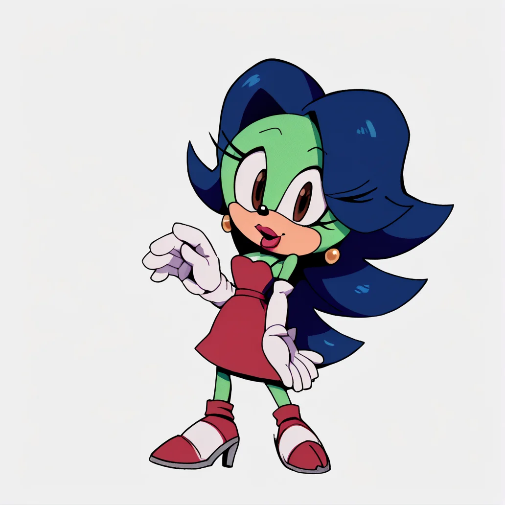score_9, score_8_up, score_7_up, score_6_up, score_5_up, score_4_up, BREAK, <lora:Breezie_the_hedgehog:1>, breeziethehedgehog, 1girl, solo, dark blue hair, long hair, furry female, red dress, red elbow gloves, green fur, body fur, earrings, brown eyes, red lipstick, looking at viewer, full body, simple background, white background, high heels, sonic the hedgehog style, <lora:TMoStH_v2-1:1>, (tmosth), (flat color, black shading, sloppy coloring), hatching \(texture\)