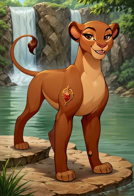 score_9, score_8_up, score_7_up, by reallynxgirl, BREAK, solo, rani, lioness, ((feral)), female lion, fullbody, brown body, reddish brown eyes, smiling, seductive pose, detailed background, (seductive pose:1.2), (raised tail:1.6), lake, waterfall background, detailed background, front view, (seductive face), (teasing), (looking at viewer)
