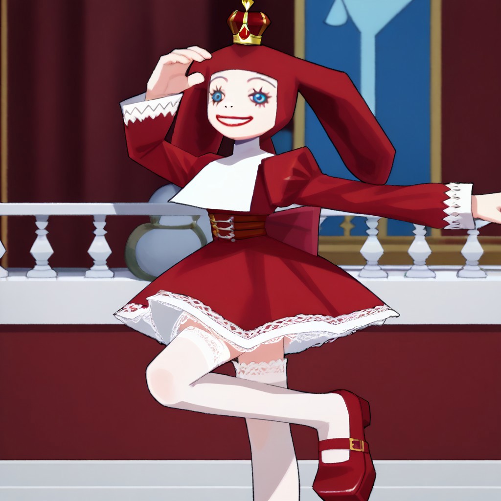 score_9, score_8_up, score_7_up BREAK PriZuDDR, 1girl, red gold crown, red headdress, blue eyes, red lipstick, white collar, long-sleeved red dress, red belt, buckle, white lace trims, white frills, white petticoat, white stockings, red platform shoes, red palace indoors, red royal palace background, elegant room, solo, solo focus, female, female focus, regal pose, regal attitude, royalty scene,