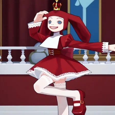 score_9, score_8_up, score_7_up BREAK PriZuDDR, 1girl, red gold crown, red headdress, blue eyes, red lipstick, white collar, long-sleeved red dress, red belt, buckle, white lace trims, white frills, white petticoat, white stockings, red platform shoes, red palace indoors, red royal palace background, elegant room, solo, solo focus, female, female focus, regal pose, regal attitude, royalty scene,