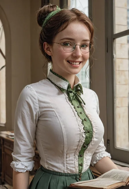 epiCRealism, Closeup, ((Fixhand)), amazing quality, masterpiece, best quality, hyper detailed, ultra detailed, UHD, perfect anatomy, portrait, dof, hyper-realism, majestic, awesome, a busty freckled girl with extremely swooping breasts that strains her blouse and underbust corset, ((covered nipples)), smile, blush, wavy black hair tied up in a bun, perfect and curious light grey eyes,she has an hourglass figure with narrow waist and large swooping breasts, she is an accountant in a Victorian Bank working on vintage ledger besides a window that shows St Paul cathedral, wearing big round glasses and green visors and black sleeve garters and shirt cuff black protectors, cinematic composition, soft shadows, national geographic style, white blouse unbuttoned, cleavage, sly smile, one hand on cleavage ((Fixhand)), extremely detailed background
