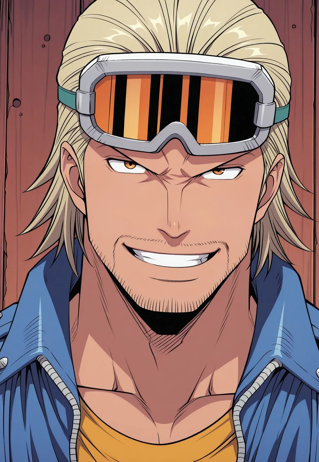 solo, masterpiece, modern, new, 1boy, male, masculine face, daddy looking face,
OPPaulie, blonde hair, facial hair, goggles, blue jacket, shirt, headshot, portrait, looking at viewer, smiling