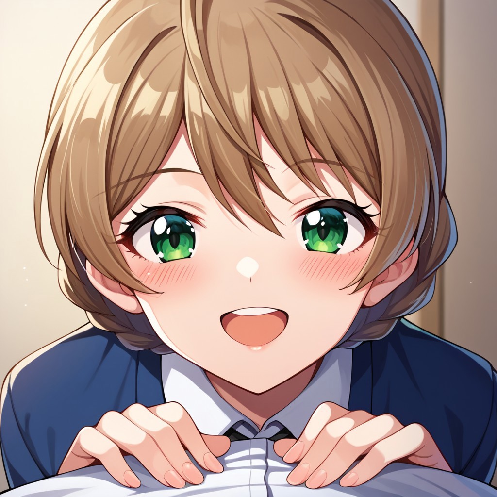 score_9, score_8, score_7, source_anime, sakuramori kaori, braid, POV, looking at viewer, blush, smile, open mouth, upper teeth only