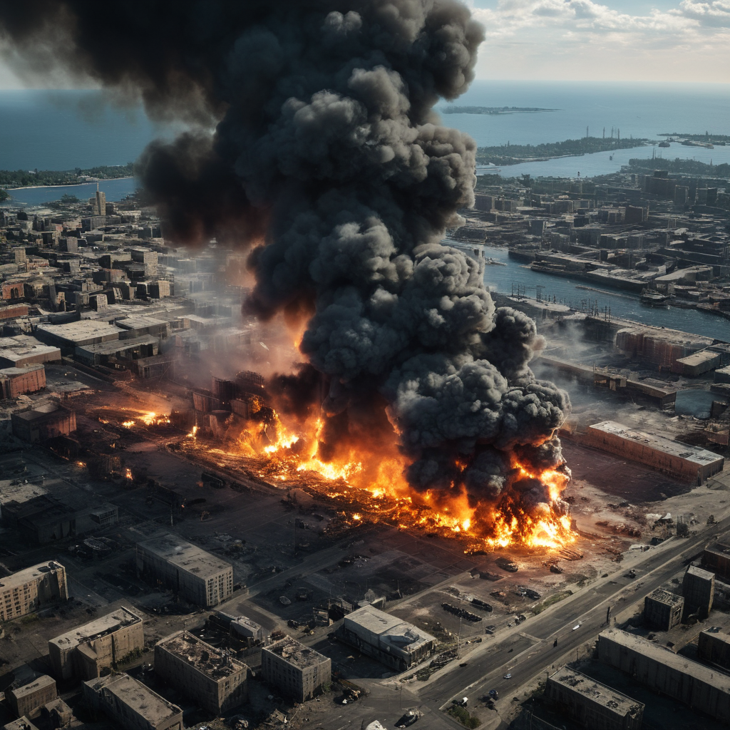 professional 3d model of  <lora:LoDe+Ro style:1>
a fire is raging through a city at night,military,no humans,ocean,fire,smoke,turret,military vehicle,battle,watercraft,explosion,vehicle focus,ship,firing,warship,LoDe+Robots Style,Love Death + Robots style,Love,Death & Robots style,animated,horror,dark,black,apocalyptic,dystopian,domination,explosion,high angle from above,military base,smoke,fire explosion , dramatic light, cyberpunk, LoDe+Ro style, octane render, highly detailed, volumetric, dramatic lighting