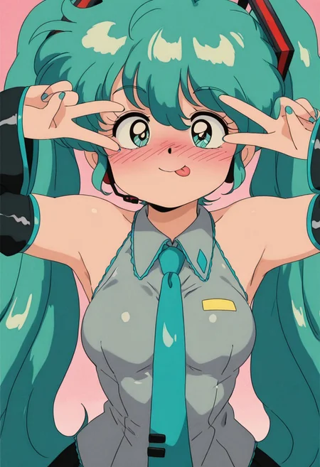 masterpiece, best quality,
1girl, solo, hatsune miku \(cosplay\), short twintails, wavy hair, smile, blush, retro artstyle, v, tongue,