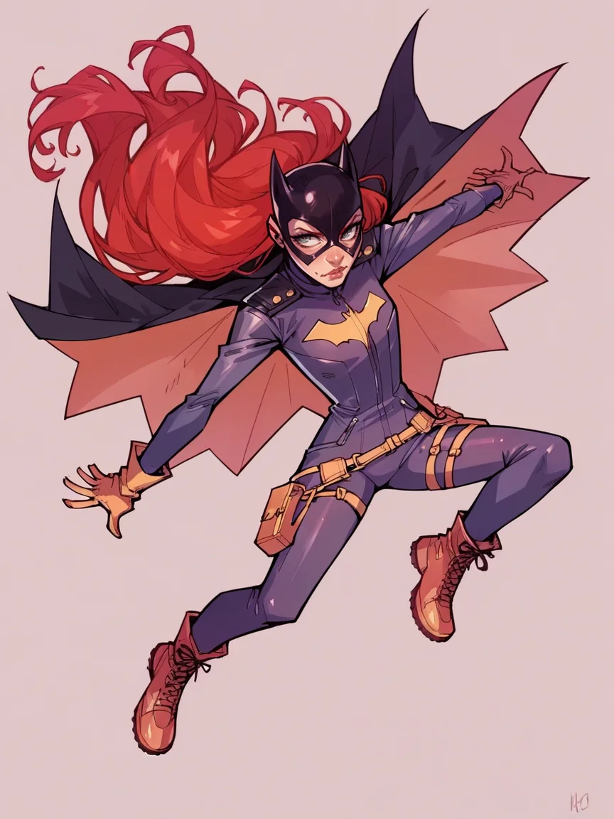 score_9, score_8_up, score_7_up, score_6_up, score_5_up, <lora:B4tgirlXLP:1> b4tgirl, 1girl, solo, mask, gloves, bodysuit, long hair, cape, red hair, utility belt, boots