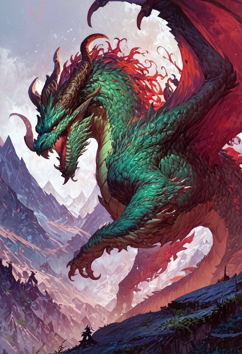 score_9, score_8_up, score_7_up, score_6_up, score_5_up, score_4_up, gigantic poison dragon, teeth, horns, long tail, wings, mountains, green poison aura,fantasy,solo focus,epic