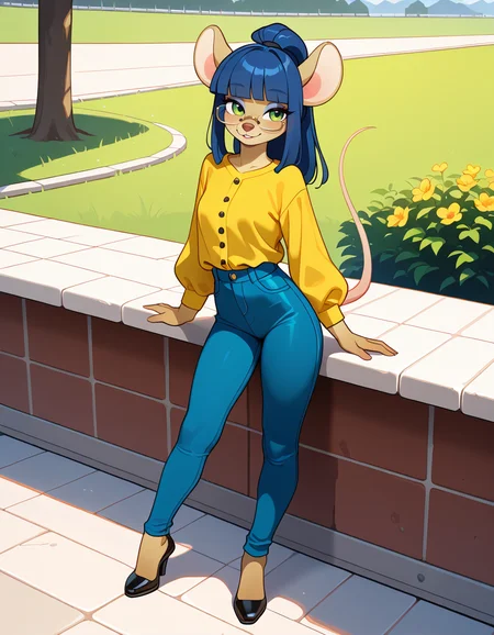 masterpiece, best quality, very aesthetic, absurdres,
outdoors,casual,
full body, standing, posing,
seductive smile, parted lips, long eyelashes,
<lora:Dewey_Teagarden_v01_NAIXL:1>
D3w3y,1girl,solo,furry,furry female,mouse girl,mouse ears,long hair,blue hair,high ponytail,sidelocks,blunt bangs,green eyes,semi-rimless eyewear,snout,animal nose,body fur,yellow fur,mouse tail,