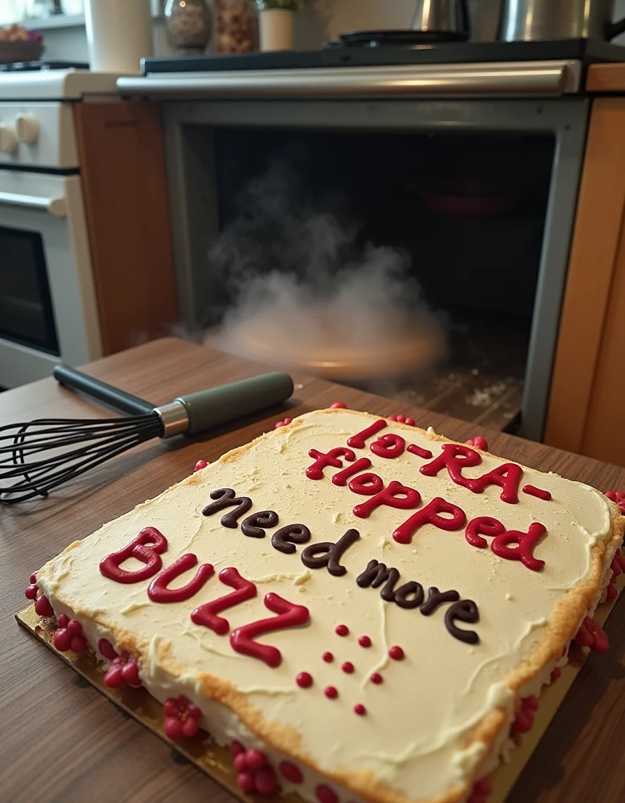 A kitchen scene featuring a slightly open oven with smoke billowing out, clearly showing that something went wrong with the baking inside. There's no cake in sight â just the aftermath of a baking disaster. On the counter or table nearby, decorative icing is written directly on the surface with the words: "loRA flopped - need more BUZZ". The vibe should be chaotic yet funny, with scattered baking ingredients, a whisk tipped over, and maybe a frustrated or confused atmosphere in the air.