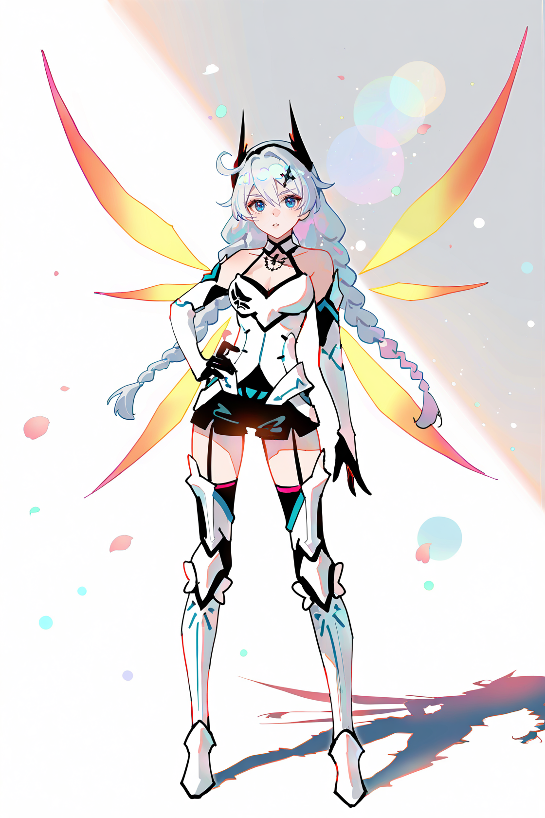 8k, best quality, masterpiece, (ultra-detailed), (high detailed skin), 
((artist:reoen),(artist:fuzichoco),(artist:atdan),(artist:torino_aqua),year 2024:0.8)1girl, [artist:wlop], [artist:ningen_mame], artist:ciloranko, [[artist:rhasta]], artist:tidsean, colorful, detailed light, light leaks, sunlight, bokeh, blurry foreground, ray tracing, lens flare, cinematic lighting, 
full body, full shot, standing, looking at viewer, (solo:1.2), simple background, (white background:1.2), hand on own hip, (white background:1.1), 
<lora:kiana-young-noob-Tanger:0.7>, 
kiana kaslana, yueguang, yueguang white light armor, 3rd clothes, 1girl, blue eyes, long hair, braid, thighhighs, boots, bangs, hair ornament, bare shoulders, twin braids, energy wings, elbow gloves, black shorts, 
A full-body portrait of a young girl, standing gracefully, pastel art style, high-key lighting, shoujo manga influence, hd quality, delicate details,