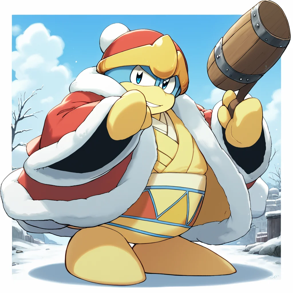 score_9 <lora:Dedede:1.29> blue eyes, hat, coat, no humans