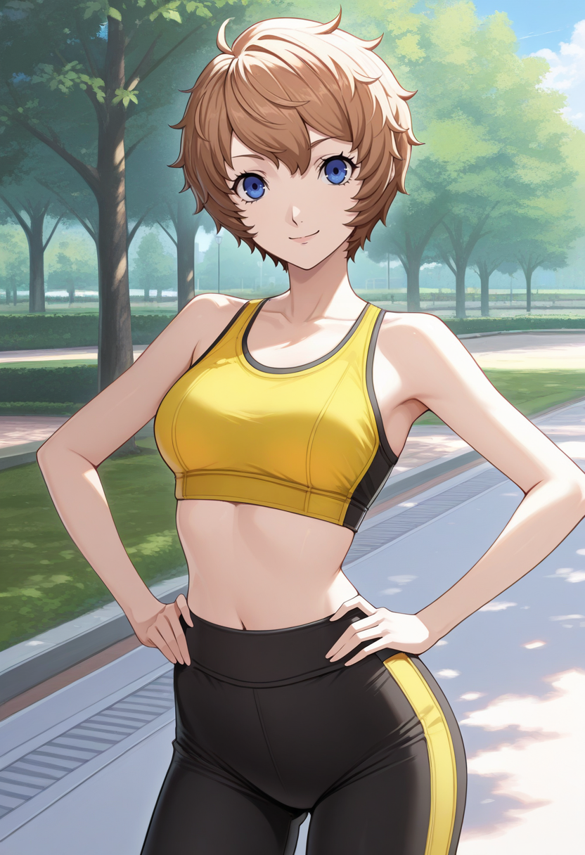 masterpiece, best quality, 1girl, solo, looking at viewer, cowboy shot, smile, park, blue sky hands on hips
yellow sports bra, black yoga pants
 <lora:zs_AraiILLU:1> 4ra1p5x, brown hair, short hair, messy hair, blue eyes,