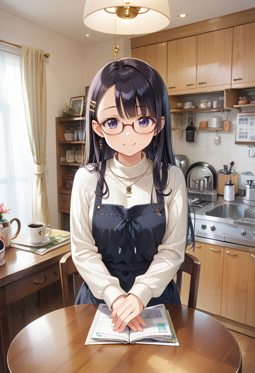 score_9, score_8_up, score_7_up, rating_safe, masterpiece, best quality, absurdres, unity 8k wallpaper, official art, official style, source_anime, uncensored, game cg, megami magazine,
1girl, solo, glasses, black hair, long hair, white ribbed sweater, black apron,  happy, smile, looking at viewer, own hands together,
JPkitchen, calendar (object), chair, indoors, scenery, window, sink, wooden table, lamp, kitchen, curtains, cabinet, clock, cofee mug, coffee, 
<lora:JP_kitchen_PONY_V1:1>