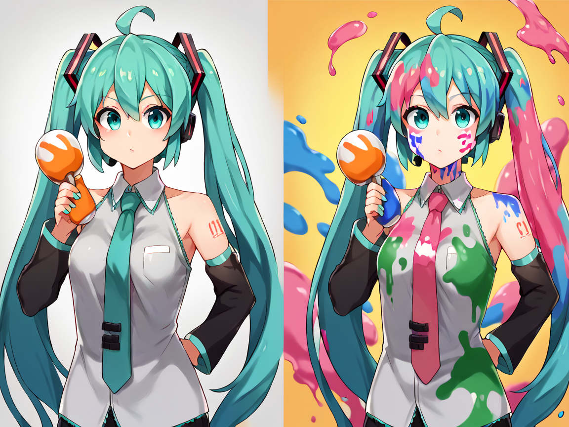 score_9, score_8_up, score_7_up, score_6_up, score_5_up, score_4_up, 1girl, hatsune miku, (before and after paint bukkake:1.2), (excessive paint dump:1.4), upper body, (completely covered in paint:1.2), projectile paint, miku gets covered in paint, multicolored paint, abstract background, excessive paint splash, thick goopy trails of paint drooping down on miku from above,
<lora:cumbahXLP-v1-000002:1.0><lora:Style_Asanagi_XLS_ff:0.6>