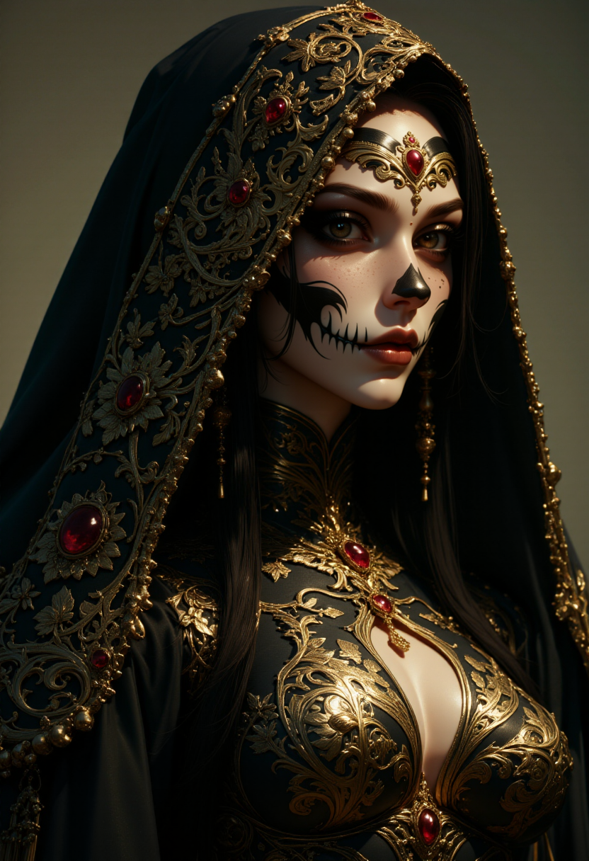 G0thicL1nes, hyperrealism, elven girl, a stunning photo of a gorgeous necromancer female Aerenal Elf, gold and black robes, face warpaint, skull face paint, gorgeous, 8k HD, detailed skin texture, ultra realistic, textured skin,. (maximum ultra high definition image quality and rendering:3), maximum image detail, maximum realistic render, (((ultra realist style))), realist side lighting, , 8K high definition, realist soft lighting, (amazing special effect:3.5).
<lora:FluxMythG0thicL1nes:1>
