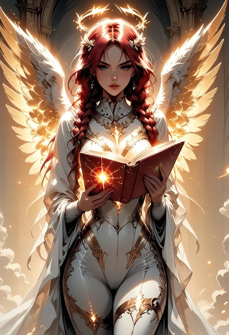 score_9, score_8_up, score_7_up, (Western Comics), a full body image of a sexy mechangel girl, caucasian, seductive, (glowing wings), solo, glowing armor, glowing halo, glowing mechanical 4 wings (hyperdetailed:1.15), detailed, light passing through hair, (ultra detailed, high quality texture), (sharp), (artistic image), 32K, 4K, ULTRA HD, small waist, large breasts, tight white bodysuit with, crop: -5, (3/4 portrait), wide view, ((her whole head and hair is visible)), zoomed out, ((wings completely visible)), (from thighs and up), wings folded along her body, cowboy shot, angelify, (monochrome background), (nothing in background), plain background, Long red hair in Double braids, wings fully visible, ((she is reading a glowing magical book)), hkmagic, holding a yellow glowing magical spell book in her hand