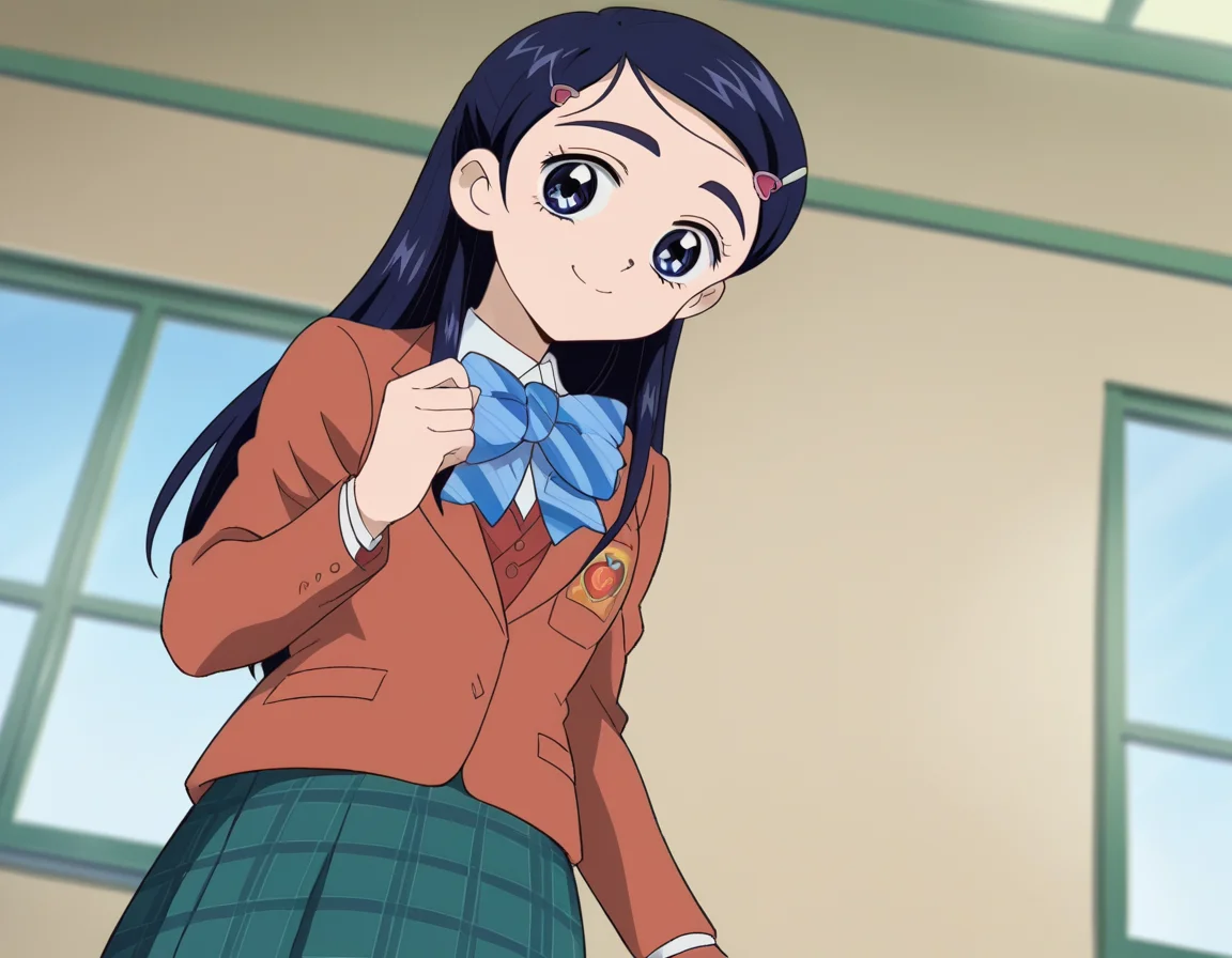 score_9, score_8_up, score_7_up, source_anime, <lora:honoka-yukishiro-anime-ponyxl-lora-nochekaiser:1>, honoka yukishiro, long hair, blue eyes, hair ornament, blue hair, hairclip,, skirt, bow, school uniform, jacket, bowtie, blue bow, blazer, brown jacket, plaid, plaid skirt, green skirt, red blazer,, indoors, smile, looking at viewer, solo,, cowboy shot, dutch angle