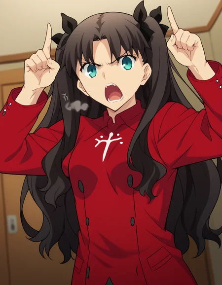 score_9, score_8_up, score_7_up, source_anime, rintohsaka, <lora:rin-tohsaka-ubw-ponyxl-lora-nochekaiser:1>, rin tohsaka, aqua eyes, black hair, hair ribbon, long hair, ribbon, sidelocks, two side up, parted bangs,, <lora:horns-pose-ponyxl-lora-nochekaiser:1>, horns pose, index fingers raised, angry, steam, open mouth, shouting, anger vein,, indoors,, cowboy shot, dutch angle, looking at viewer,