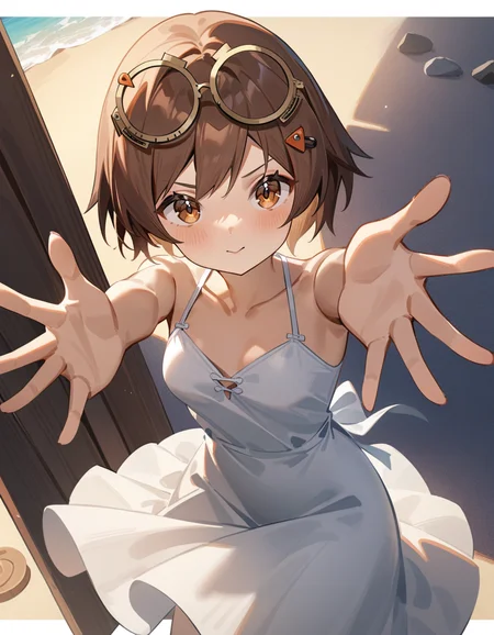 masterpiece,best quality,very aesthetic,absurdres,
(summer_dress:1.2),looking at viewer,
<lora:qianqiu_xl:0.7>,felllowmoon-qianqiu,1girl,solo,brown hair,short hair,brown eyes,hair ornament,full shot,small breasts,eyewear on head,reaching,