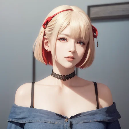 (masterpiece, best quality, 1girl, solo, intricate details, chromatic aberration), chisato nishikigi,(realistic),(skin), ((breath)),(blond hair,blunt bangs),hair ribbon,detailed hair, red head ornament, blue highlights, hair over one eye,((red crimson eyes)), earrings, sharp eyes, choker, ((crop Off-shoulder Oversized shirt:1.2)), short skirt,open waist,((symmetry eyes)),(Finely Detailed Beautiful eyes:1.2), Glowing eyes,((perfect symmetrical body)),(pureerosface_v1:0.3), night,(((natural light))),backlighting,against grey wall, dim lighting ,look at viewer,((centered shot, from front,(face and waist))),<lora:koreanDollLikeness_v15:0.2>, <lora:chisatoNishikigi_v09:0.5>