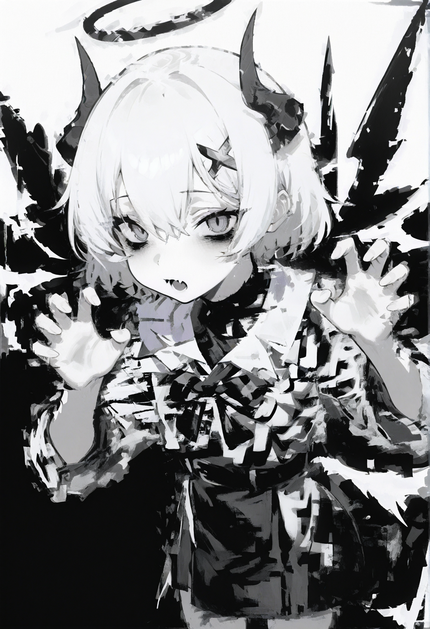 1girl, solo, white hair, short hair, hair between eyes, demon horns, x hair ornament, wings, bowtie, halo, 
claw pose, foreshortening, 
white background, greyscale, 
glitch, abstract, abstract background,
masterpiece, best quality, amazing quality, absurdres, newest, chromatic abberation,
<lora:hitboxsamurai:1>