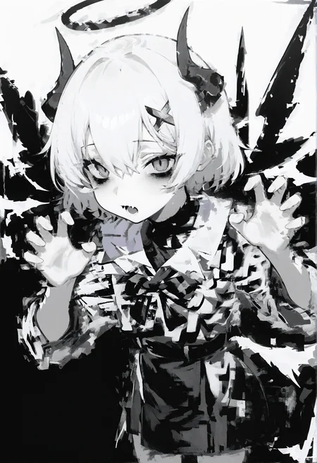 1girl, solo, white hair, short hair, hair between eyes, demon horns, x hair ornament, wings, bowtie, halo,
claw pose, foreshortening,
white background, greyscale,
glitch, abstract, abstract background,
masterpiece, best quality, amazing quality, absurdres, newest, chromatic abberation,
<lora:hitboxsamurai:1>