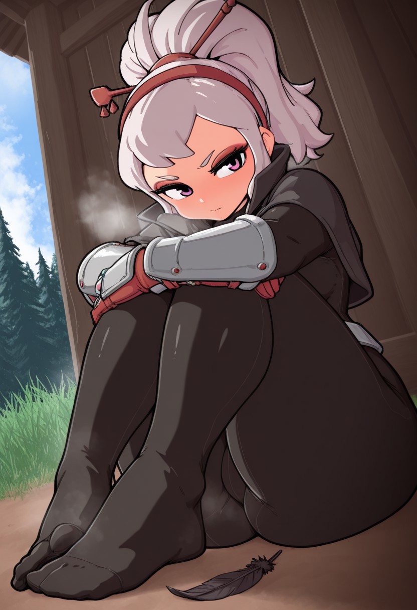 woomochichi,  outdoors, undershirt, falling feathers, black bodysuit, hair stick, hugging own legs, , gauntlets,   eyeshadow,   red gloves,  high ponytail,  , black capelet, red hairband, pink eyes, 1girl, solo, feet, visible breath,   dynamic angle, foreshortening, smell, steam,