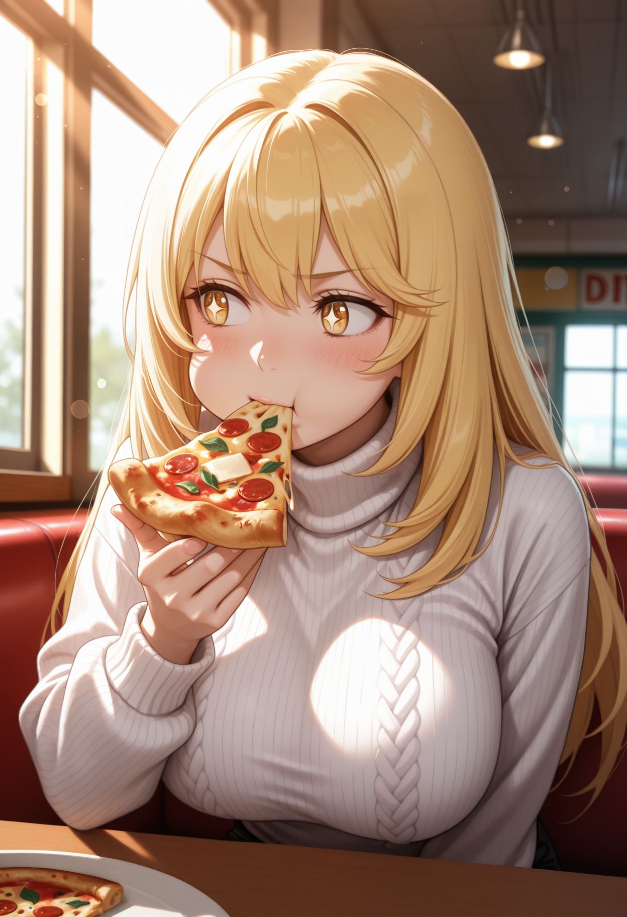 masterpiece,best quality,absurdres,highres,very aesthetic,high quality,detailed,insanely detailed,beautiful,perfect lighting, ,depth of field,blurry background,bokeh
  <lora:Shokuhou Misaki illu:1> 1girl, blonde hair, long hair, yellow eyes, symbol-shaped pupils, +_+, large breasts,  eating pizza, biting, holding, sideways glance, [leaning forward, action], [sitting], blush, cheek bulge, diner, seating, morning, backlighting, light rays, window shadow, turtleneck, knit sweater,