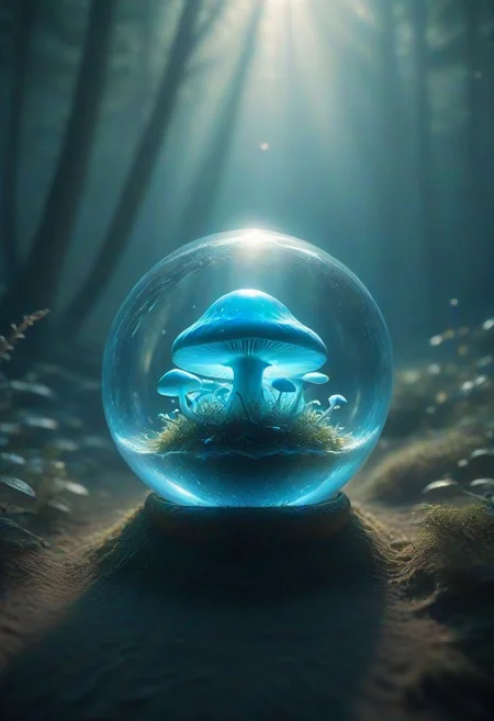 photographyGlass ball, inside a dimly lit cavern, magical light blue mushroom, everything contained in a glass sphere, crystal statue of mushrooms inside the glass ball, night, glowing, sea background,
(quantum waveform:0.7)