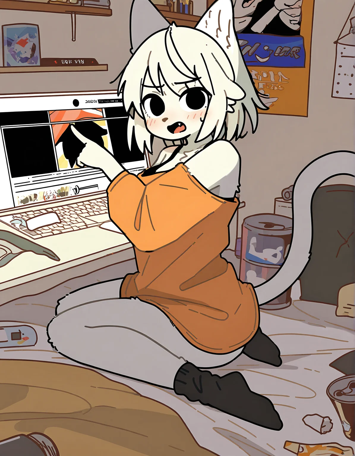 doremifaso64, 1girl, furry, animal ears, tail, sitting, keyboard (computer), cat tail, computer, cat ears, black eyes, solo, sensitive, furry female, cat girl, shirt, mouse (computer), bra strap, can, monitor, open mouth, socks, poster (object), short hair, blush, looking at viewer, off shoulder, body fur, indoors, fang, white hair, pointing, animal nose, digital clock, laptop, black socks, white fur, orange shirt, messy room, underwear, no pants, off-shoulder shirt
very awa, masterpiece, best quality, year 2024, newest, highres, absurdres, <lora:doremifaso64-style-noobai-epspred11:1>