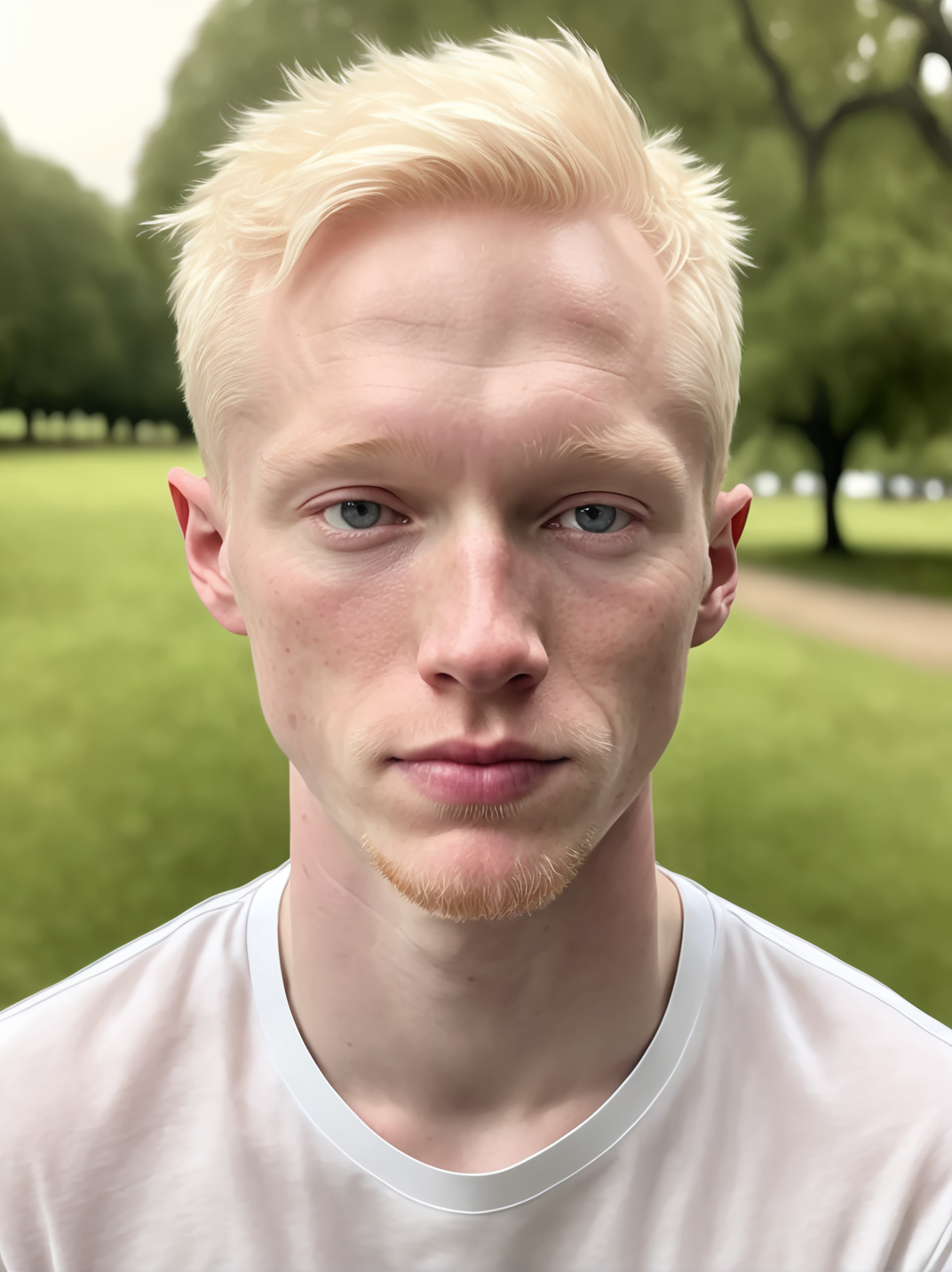 professional photograph, high resolution, 30yo drewsynthxl, portrait, solo, realistic, expressionless, albino,
face focus, ,
in the park, overcast