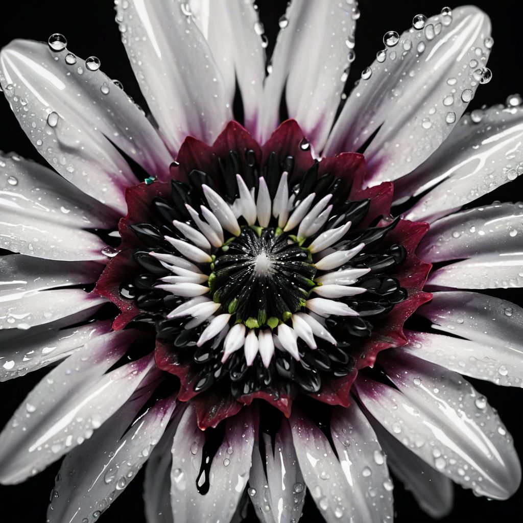 macro close-up of an exotic flower, velvety petals, vibrant colors, black-and-white pixelated teardrop emerging from the center, glitches and distortions within the pixelation, water droplets, high contrast, sharp focus, hyperrealistic detail