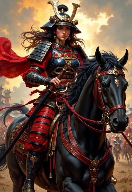 renaissance-style oil painting, masterpiece, female warrior in samurai clothing riding a horse (armored head, pageantry, dynamic image, cinematic, mythp0rt