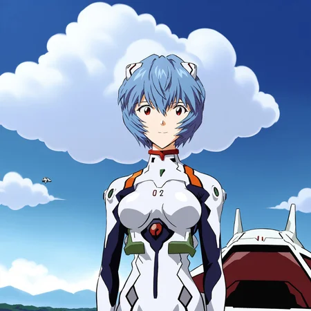 safe_pos, evagosstyle, ayanami rei, 1girl, blue hair, blue sky, bodysuit, breasts, cloud, cloudy sky, day, dress, interface headset, light smile, medium breasts, outdoors, pilot suit, plugsuit, red eyes, short hair, sky, smile, solo, white bodysuit