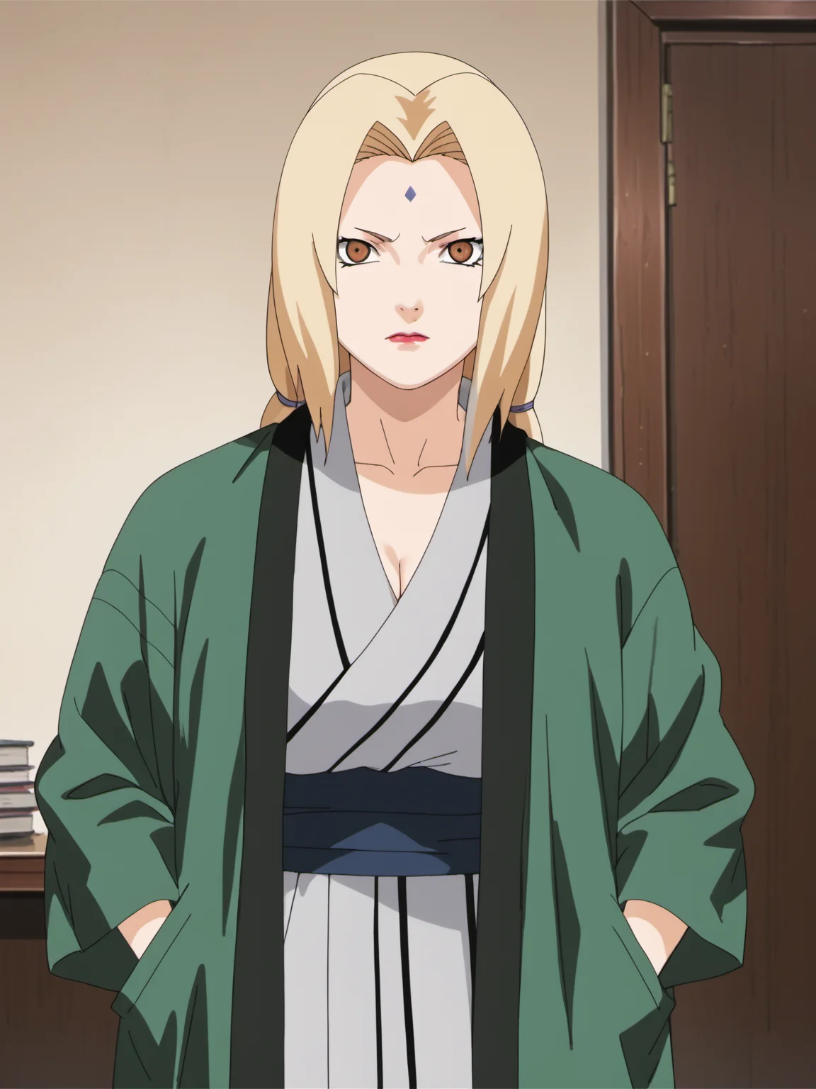 naruto style, hard shadows, anime_screencap, anime_core, score_9, score_8_up, score_7_up, solo, <lora:tsunade_train_v5:0.9>, tsunade,brown eyes,uper body,sunade's green Jacket \(outfit\), red nails,indoors, looking at viewer, front view