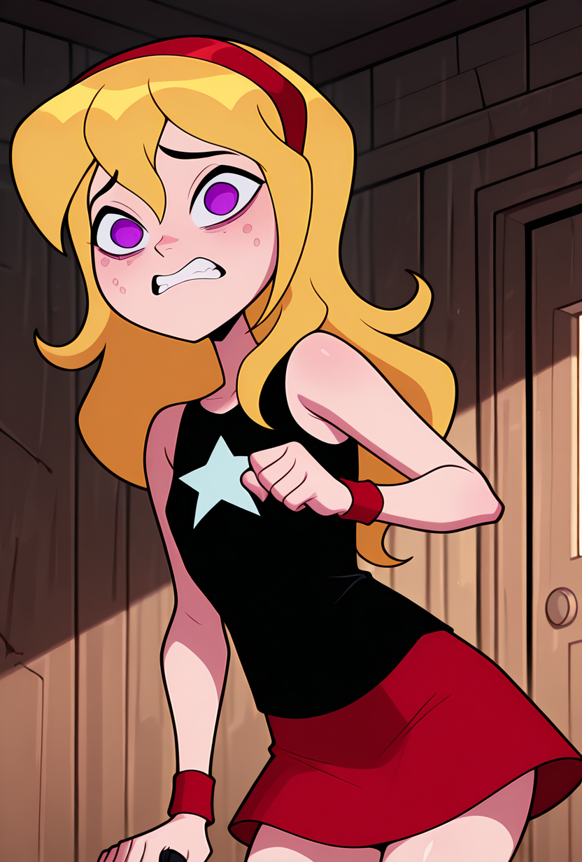 ((cartoon, screencap, )) <lora:lucysmall:1> lucysmall, solo, long hair, blonde hair, red hairband, black shirt, sleeveless, flat chest, star (symbol), purple eyes , tank top, wristband, miniskirt, red skirt, dynamic pose, looking at viewer, clenched teeth, small pupils, scared, constricted eyes, holding flashlight, inside haunted house, ghosts in the background, abandoned house, wooden walls, black walls, masterpiece, best quality, amazing quality, very aesthetic, absurdres, newest,