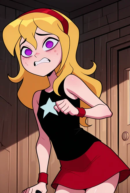 ((cartoon, screencap, )) <lora:lucysmall:1> lucysmall, solo, long hair, blonde hair, red hairband, black shirt, sleeveless, flat chest, star (symbol), purple eyes , tank top, wristband, miniskirt, red skirt, dynamic pose, looking at viewer, clenched teeth, small pupils, scared, constricted eyes, holding flashlight, inside haunted house, ghosts in the background, abandoned house, wooden walls, black walls, masterpiece, best quality, amazing quality, very aesthetic, absurdres, newest,