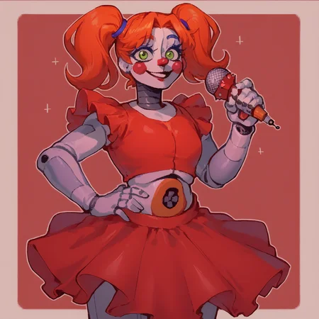 score_9, score_8_up, score_7_up, vermis style, illustration, 1girl, solo, CircusBB, robot, robot joints, red hair, twintails, crop top, red shirt, navel, green eyes, holding microphone, hand on hip, cowboy shot, looking at viewer, smile, clown, segmented plates, <lora:VermisStylePony:1> <lora:pony_good_hands:1> <lora:CircusBB-PonyV2:1>