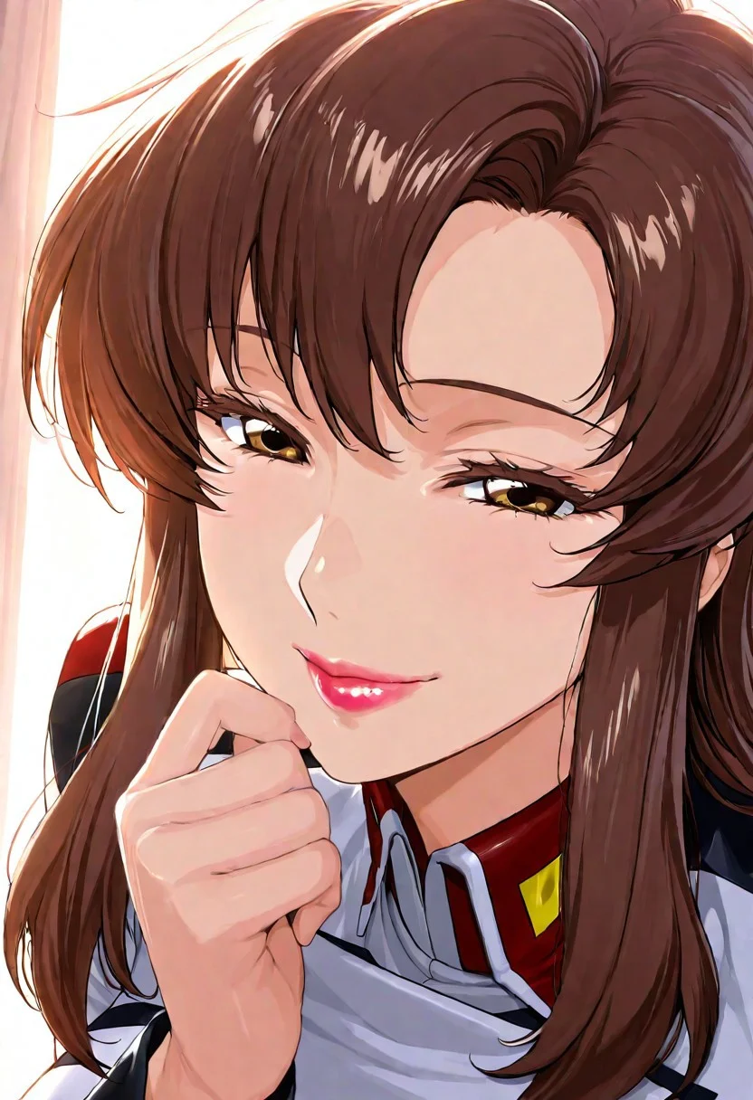 1girl, Murrue Ramius \(Gundam SEED\),, adult woman, masterpiece, military uniform, hand up, brown hair, long hair, luscious lips, lipstick, smile, large breasts, portrait, colored eyelashes, backlighting, brown eyes, goddess, glossy skin, ,hires,best quality, very aesthetic,absurdres,score_9, score_8_up, score_7_up, score_6_up, score_5_up, score_4_up, (hyper extreme detailed), (hyper quality), game CG, (colour:1.2),(from side:0.7)