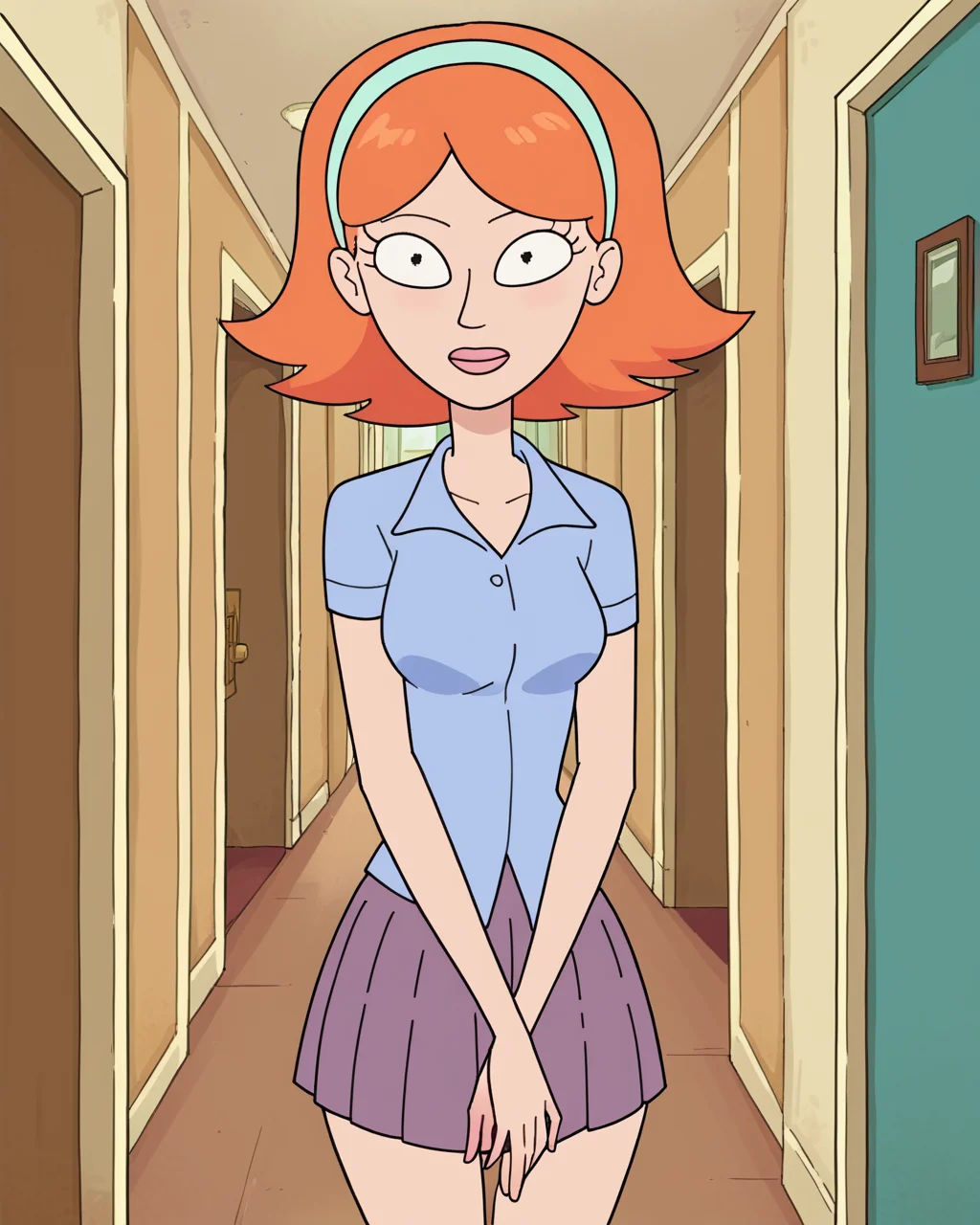 score_9, score_8_up, score_7_up, Jessica, parody, solo, 1girl, cute, cowboy shot, hairband, short hair, short sleeve shirt, pleated skirt, looking at viewer, standing, indoors, hallway, <lora:Jessica_-_Rick_and_Morty_Character_PonyDiffusionXL:1>