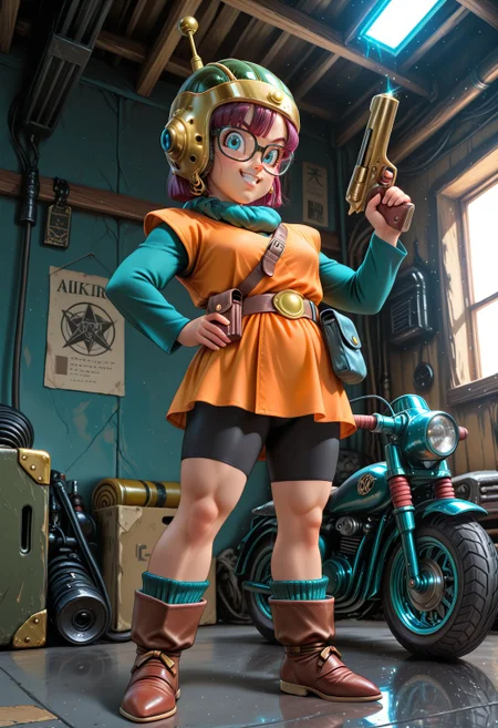 SmoothNoob_Quality, (toriyama akira:1.5), manga style, lucca ashtear, \(chrono trigger\), ankle boots, belt, belt pouch, bike shorts, blue eyes, boots, brown footwear, laser pistol, full body, glasses, gun, hand on hip, helmet, holding gun, long sleeves, orange dress, pouch, purple hair, solo, standing, garage, looking at viewer, grin,