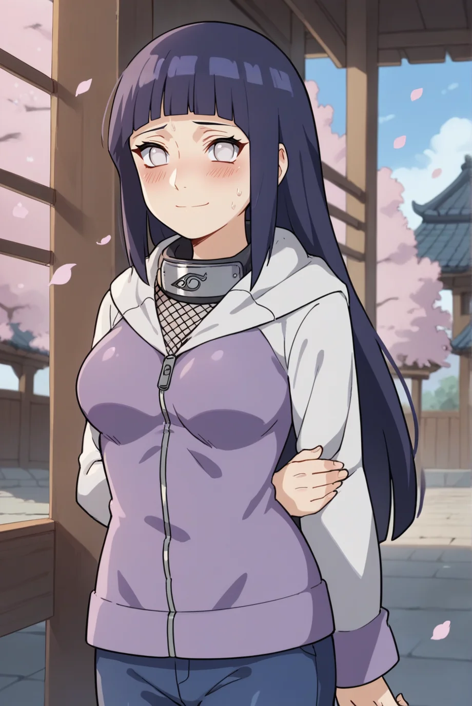 score_9, score_8_up, score_7_up, score_6_up, score_5_up, score_4_up, BREAK source_anime, 1girl, solo,
<lora:HinataShippudenXL-v1-07:0.7>, ChopioHinataBoruto, purple hair, shiny hair, blunt bangs, sidelocks, no pupils, white eyes, looking at viewer,
[medium breasts : large breasts: 10],
long hair, straight hair,
outfit_1, multicolored jacket, zipper, hooded jacket, hood down, forehead protector, fishnet top, long sleeves, sleeves past wrists, blue pants, bandages,
cherry blossoms, falling petals, sweat, sweatdrop, shiny skin, arms behind back, holding own arm, blush, smile,